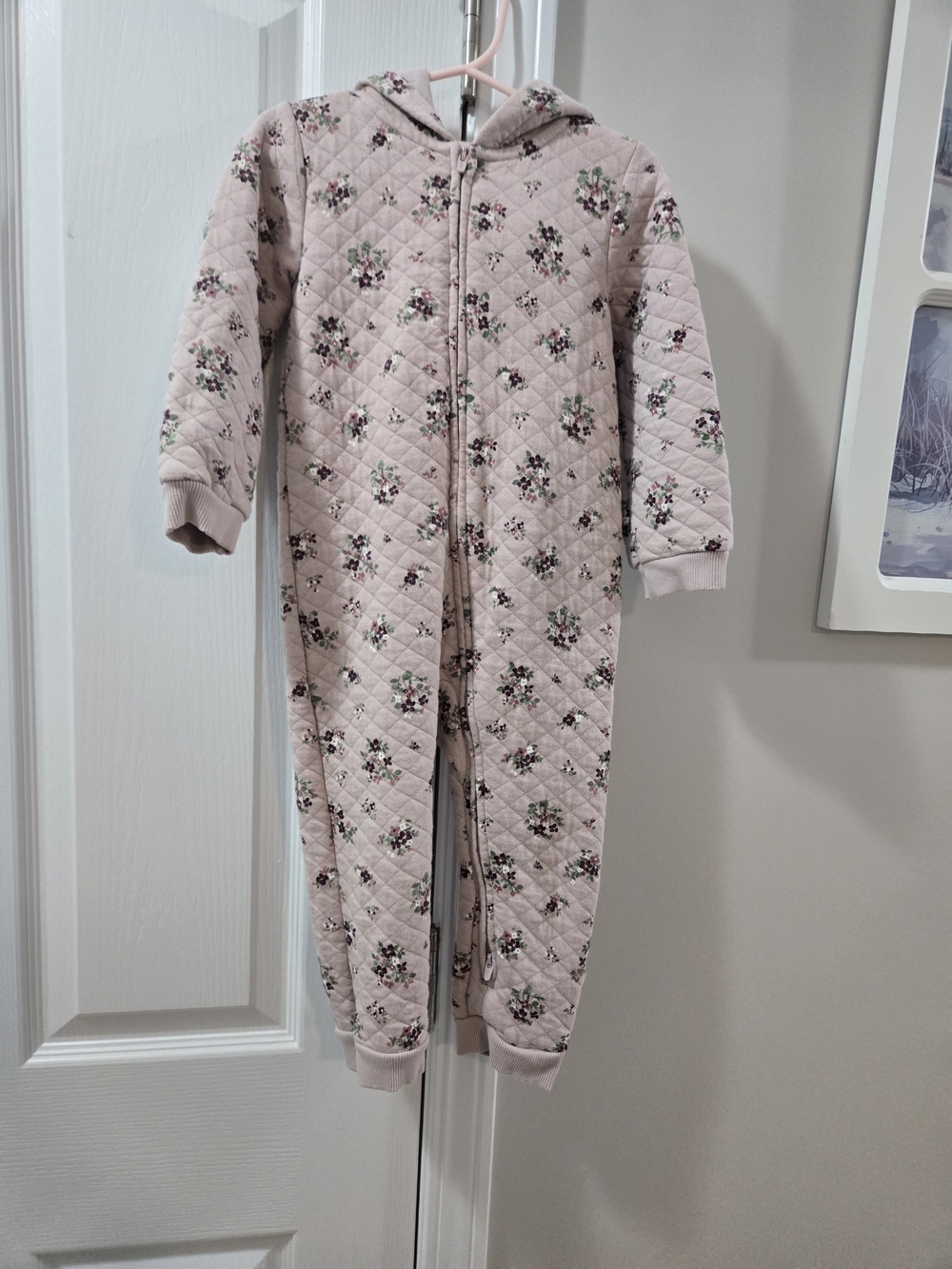 Quilted Floral Hooded Baby Onesie - Light Pink